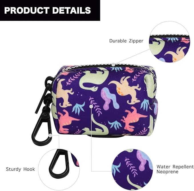 Attachment,Waste Bag Dispenser Zippered Pouch, Fits Any Leash, Includes Free Roll of Dog Bags, Poop Bag Dispenser - 2 Packs, Little Dinosaurs