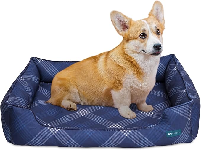 Orthopedic Bolster Dog Bed β CertiPUR-US Foam, Recycled Polyester Canvas, Washable Cover, Anti-Slip Bottom, Medium, Navy Plaid β Stylish Designer Dog Sofa