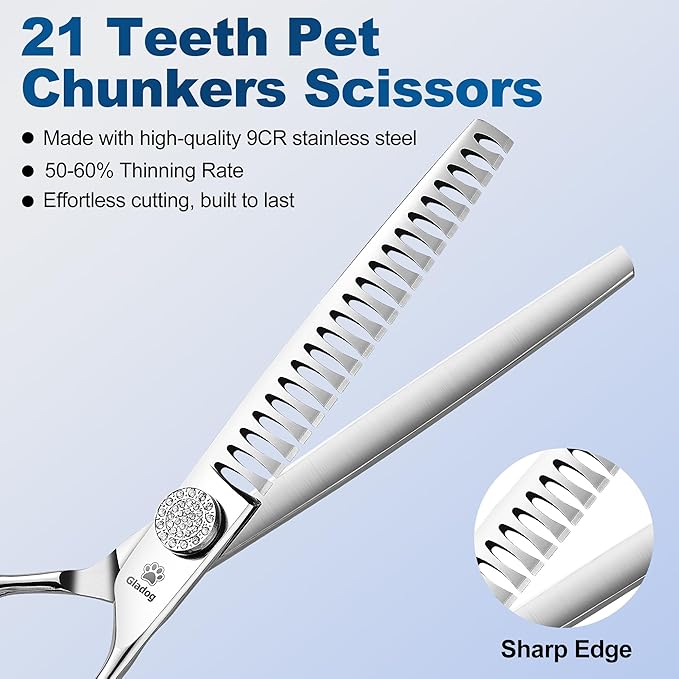GLADOG 7" Chunkers Dog Grooming Scissors - Premium 9CR Dog Scissors for Grooming with Luxurious Diamond Nut,Ideal Dogs Shears for Reducing Bulk, Dogs Hair Scissor,Cat Scissor