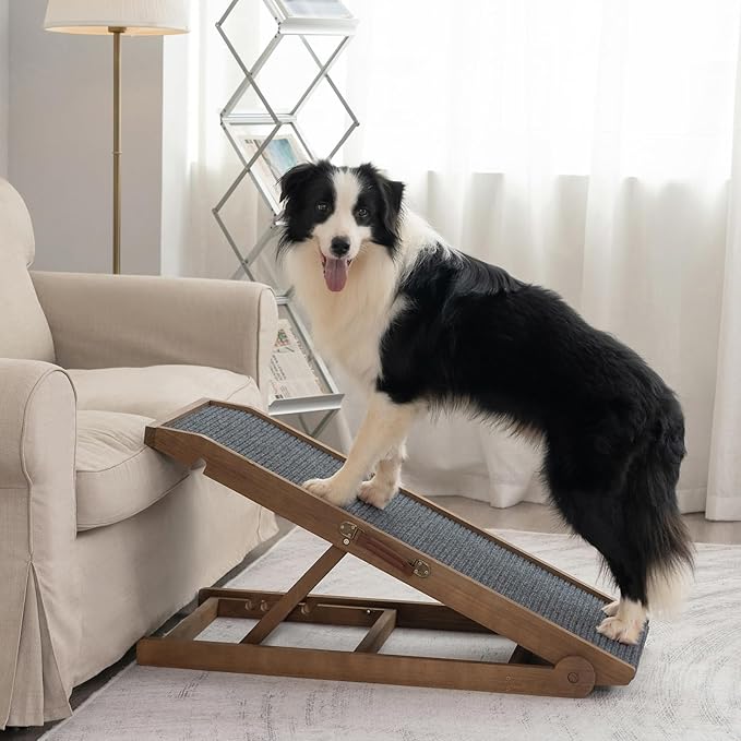 Dog Ramp for Bed Couch - Pet Steps Stairs to Get on Bed Couch 11.8"-19.6" High for Small or Large Dog Up to 200 lbs, Adjustable Wooden Dog Ramp Steps Foldable Portable, Anti-Slip Carpet (Brown)