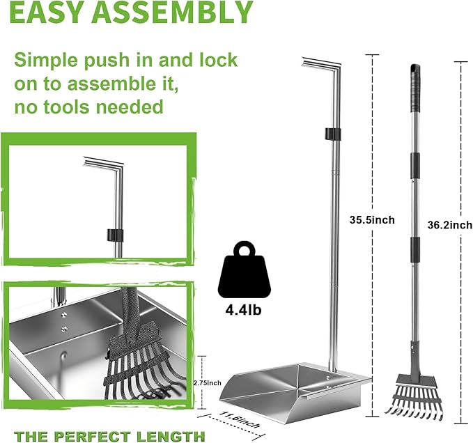 Heavy Duty Metal Pooper Scooper, Dog Pooper Scooper for Large Medium Dogs Long Handle Stainless Tray and Rake Set,Extremely Durable Metal Stainless Steel Dustpan for Indoor Outdoor Cleaning 。