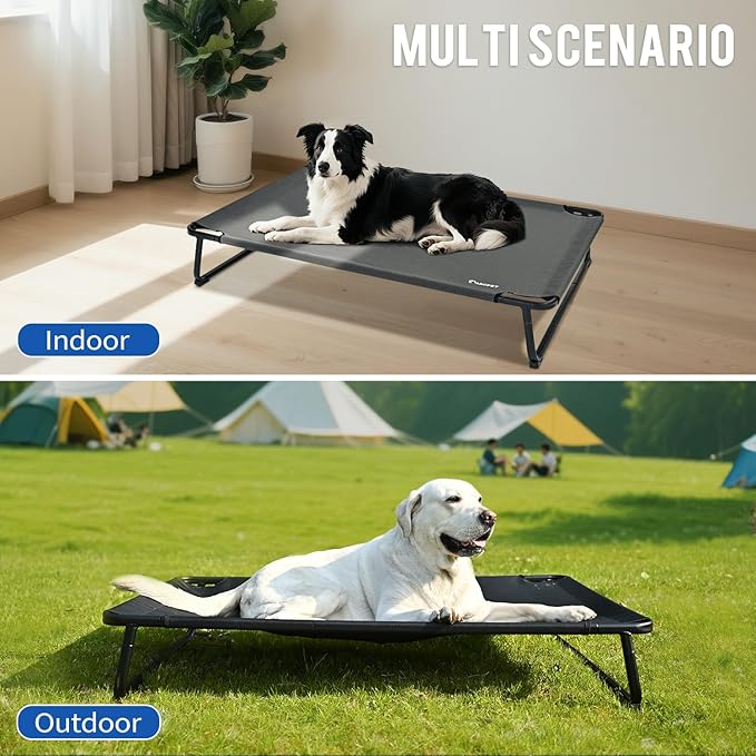 Cooling Elevated Dog Bed, Raised Outdoor Dog Bed Waterproof Pet Beds Cots Stable and Easy Assembly, Teslin Fabric with 1.2mm Thick Iron Frame, Breathable, Ultra-Sturdy,Grey,32 * 25.2 * 7.1