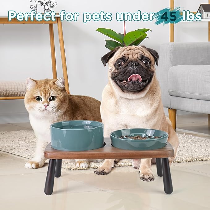 SPUNKYJUNKY Ceramic Elevated Dog Bowls with Slow Feeder Raised with Acacia Bamboo Wooden Stand, 6.1&