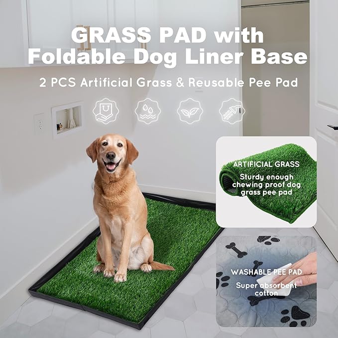 Dog Grass Pad with Foldable Dog Litter Box,Small Liner Base for Balcony,Ultra-Absorbent Artificial Grass Pads for Dogs Pee Pad Holder, Potty Training, 2 PCS Reusable Pee Pads