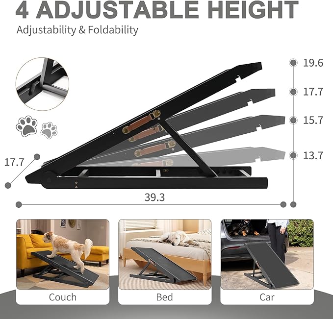 ABORON Dog Ramp,Adjustable Folding Pet Ramp for Bed,Couch,SUV - High Traction Portable Rubber Paw Ramps,Great for Small & Large Old Dogs & Cats, Supports up to 200 lbs,39.3&