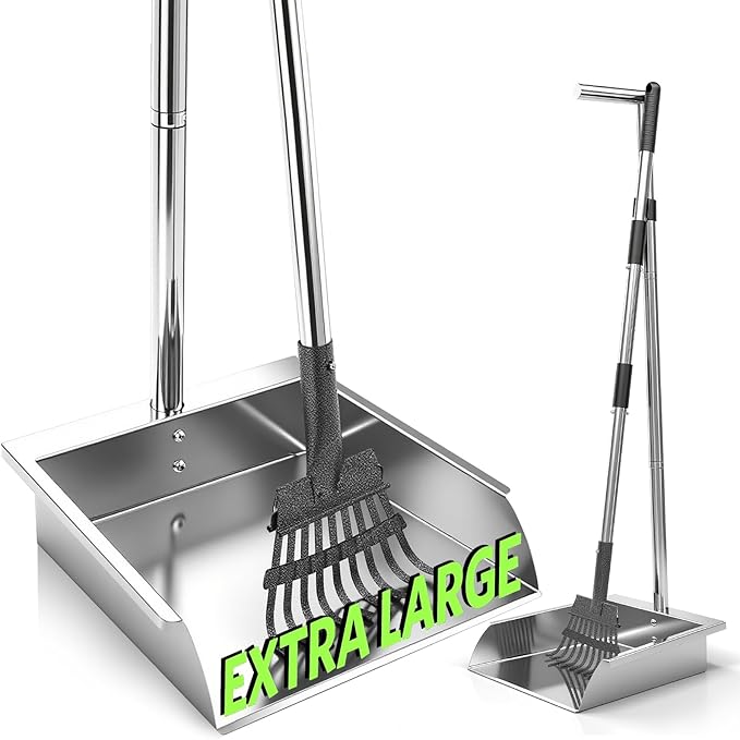 Heavy Duty Metal Pooper Scooper, Dog Pooper Scooper for Large Medium Dogs Long Handle Stainless Tray and Rake Set,Extremely Durable Metal Stainless Steel Dustpan for Indoor Outdoor Cleaning 。