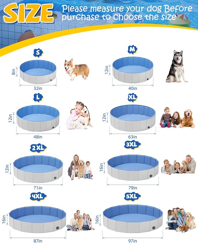 Portable Dog Pool PVC Pet Swimming Hard Plastic Pool Bathtub Collapsible Dog Poo for Pets to Swim and Bath (XL-63"x 12" Light Grey)