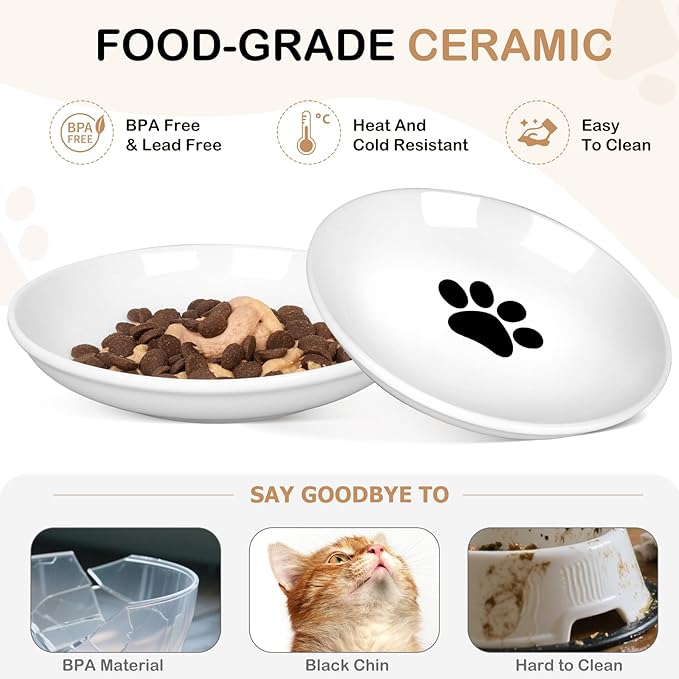 TRUVIC 4 Pack Ceramic Cat Food Bowls, 5.9 Inch Ceramic Cat Dishes Set for Indoor Cats and Small Dogs, Anti Whisker Fatigue Kitten Bowls, Wide Shallow Kitten Plates for Food and Water (Cat&