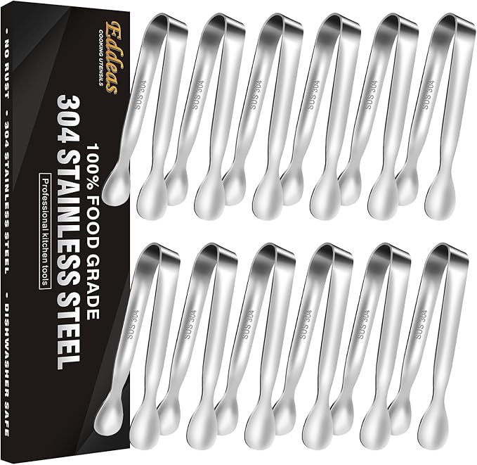 Mini Tongs For Serving Food,Set fo 12 Small Tongs For Appetizers,Small Stainless Steel Metal Cooking Tong,for Tea Party Coffee Bar, 4 inch Sugar Tong - Silver