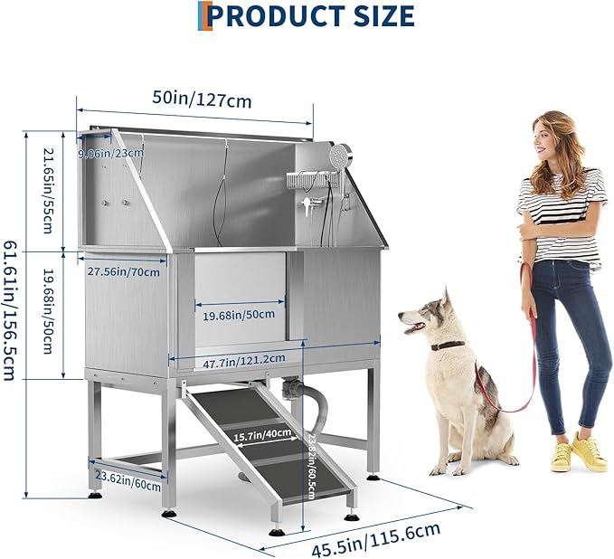 50" Stainless Steel Professional Dog Washing Station - Pet Bathing Tub w/Non-Slip Ramps | Slip-Resistant Floor Grate | for Large/Medium/Small Dogs