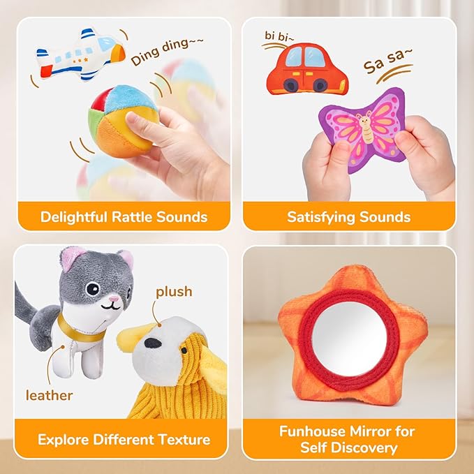 JoyCat Baby Toys 6-12 Months - Mystery Soft Box with 10 Sensory Objects, Rattle, Crinkle Paper, Mirror - What&