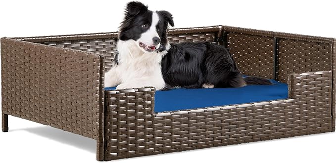 YITAHOME Rattan Dog Sofa Bed with Cushion,Wicker Pet Bed Sofa Couch Indoor Outdoor Water Resistant for Large Medium Small Dogs Cats (34.6&