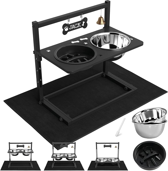 Elevated Dog Bowls with Slow Feeder and Spill Proof Mat, Adjustable Height 4.3-11.8&