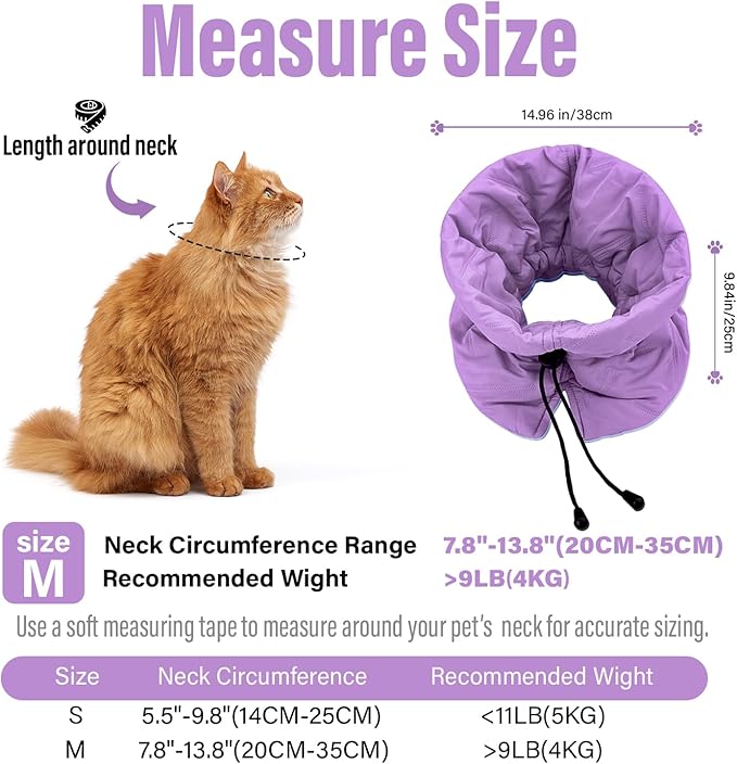 Cat Recovery Collar, Soft Adjustable Cone for Cats and Kittens, Lightweight Waterproof Elizabethan Collar for After-Surgery Care, Prevent Licking and Scratching, Neck Protector for Pets(Purple,M)