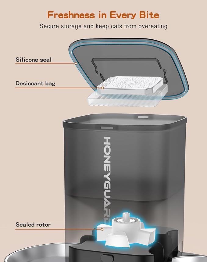 HoneyGuaridan 3.5L Automatic Cat Feeder for Two Cats, Food Dispenser with Stainless Steel Bowl,Timed Cat Feeder Programmable 1-6 Meals Control, Dual Power Supply,10s Meal Call Black