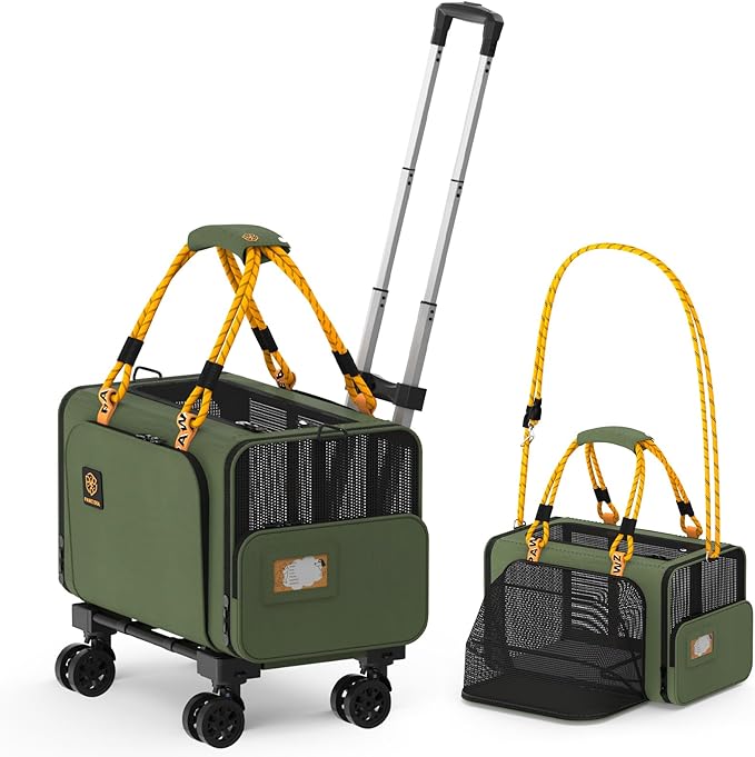 PAWZIDEA Expandable Pet Carrier with Wheels, 18X11X11 TSA Airline Approved Cat Carrier w/ID Card for 2 Cats, Small Dog Carrier Car Seat Travel Bag, Max Weight Recommendation 18 lbs,Green