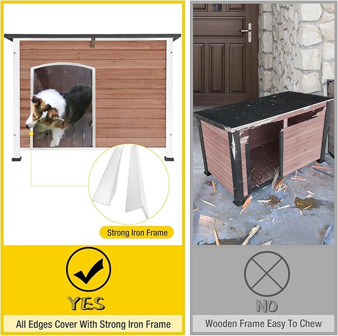 Dog House Outdoor & Indoor Wooden Dog Kennel for Winter with Raised Feet Weatherproof for Small & Medium & Large Dogs,Unique All-Around Iron Frame,Light Brown
