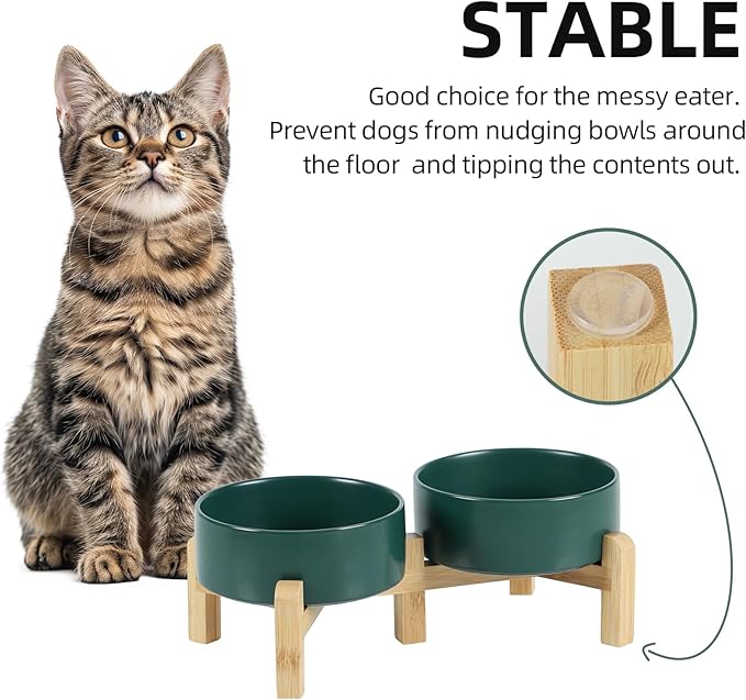 Ceramic Raised Double Bowls Set with Stand, 2 Heights Elevated, Food & Water Bowls for Small Breed Dogs, Cats, Kitty, Weighted Dog Dishes, Pet Bowls(5.1&