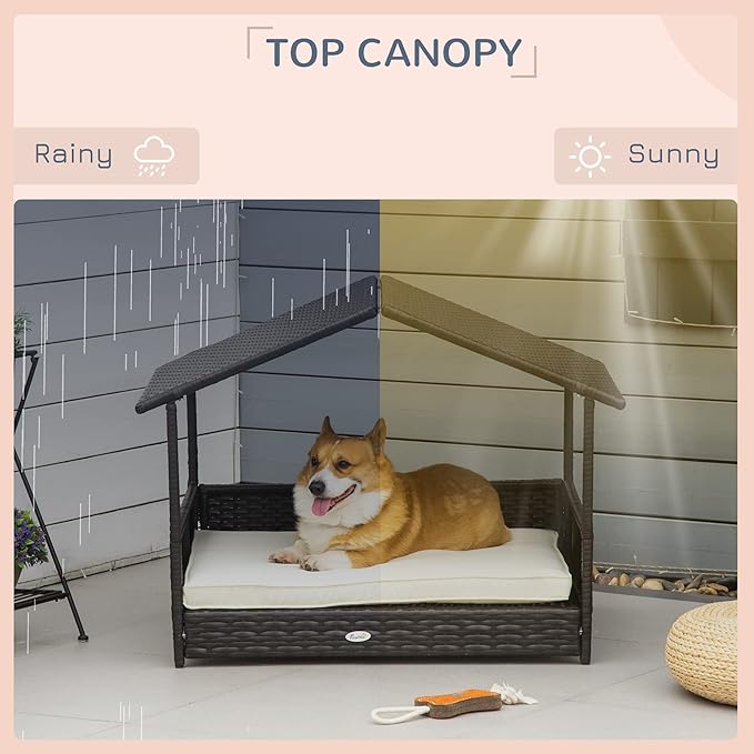 PawHut Wicker Dog House Outdoor with Canopy, Rattan Dog Bed with Water-Resistant Cushion, Raised Dog Bed for Small, Medium Dogs up to 66 lbs, 19.75" in Length, Brown Wicker, White Cushion