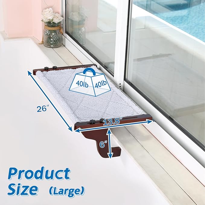 Easy Seat Cat Perch for Window Sill - Hammock Design w/Premium Wood & Robust Metal Frame - Cat Window Seat for Large Cats and Kittens (Dark Stained Wood w/Gray Bed, Large (26&