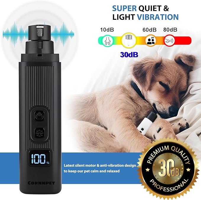 Dog Nail Grinder - 2 Speed Super Quiet and Low Vibration Electric Pet Nail Grinder - Rechargeable Dog Nail Trimmers for Small Dogs- Cat Nail Claw Clippers with 2 Level LED Lighting(Black)