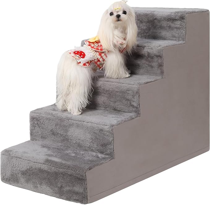 Dog Stairs for Small Dogs,22" 5-Step Pet Stairs for High Beds and Couches,Dog Steps with Non-Slip Bottom and High-Density Foam Indoor Outdoor,Grey
