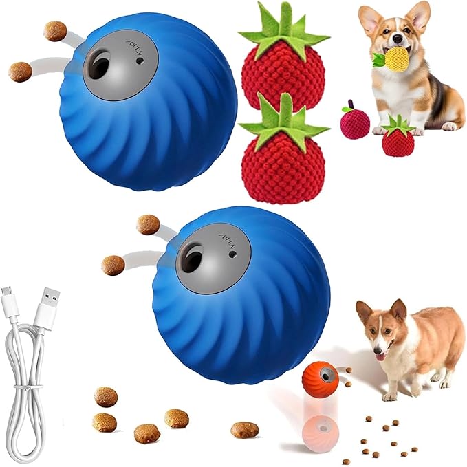 Zoomie Buddy 2.0, Zoomie Buddy for Dogs, 2 in 1 Smart Touch Interactive Dog Balls & Pet Feeder, 2.83" Diameter, Suitable for Small/Medium Dogs, with Fruit Plush Cover (2*Blue, Tomato)