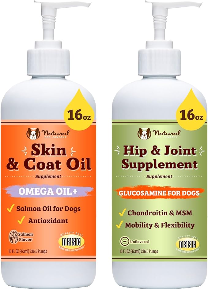 Natural Dog Company Healthy Joints, Skin and Coat Bundle for Dogs, Includes (1) Bottle Natural Dog Company Skin and Coat Oil, (1) Bottle Liquid Glucosamine, Food Topper, Dog&
