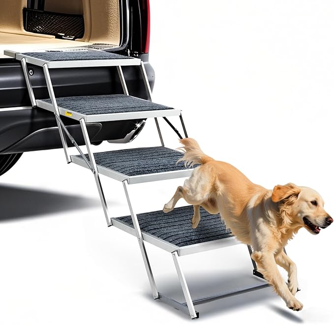 Dog Stairs for Car, Extra Wide Stairs for Large Dogs, Pet Steps Aluminum Foldable Dog Steps for Cars and SUV, High Beds, Trucks, Supports up to 200 lbs (Extra Wide-4 Steps)