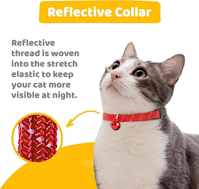 BirdsBeSafeĀ® Break Away Cat Collar with Bell, Reflective Thread for Night Visibility, Comfortable Elastic Stretch Cat Collar to Protect Cat from Getting Stuck in The Garden.
