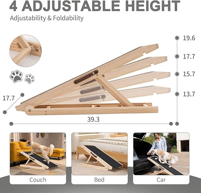 ABORON Antislip Dog Ramp, Adjustable Folding Pet Ramp for Small & Large Old Dogs & Cats, High Traction Portable Rubber Paw Ramps, Supports up to 200 lbs, Used for Bed Couch SUV, 39.3&