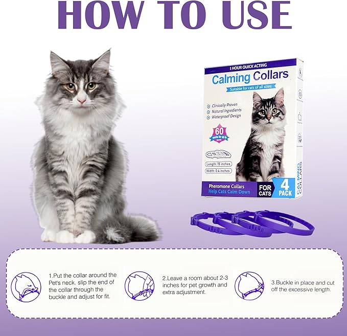 4 Pack Calming Collar for Cats - Long-Lasting Anxiety and Stress Relief, Relaxing Cat Collar,Adjustable Pheromones Collar for Cats,Natural Soothing 60 Days of Continuous Calming Move