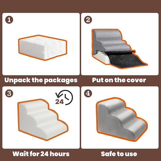 MEWANG Dog Stairs for Small & Medium Dogs and Old Cats –3/4/ 5 Steps High-Density Foam Pet Ramp for Bed & Couch, Non-Slip, Washable Cover, Grey (Round Corner, 5 Steps: 29.92&
