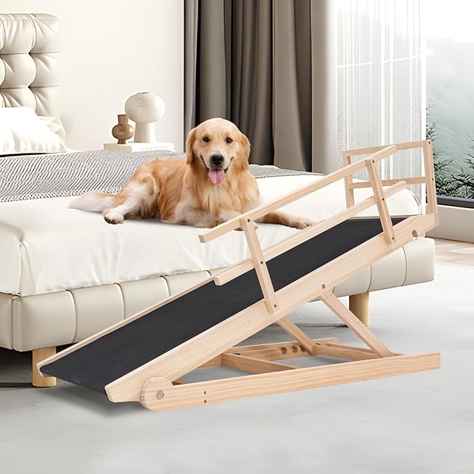 Folding Wooden Dog Ramp for Bed, Couch & Car,45IN Long- 5 Level Adjustable Pet Ramp, Non-Slip Rubber Mat, 17.7&