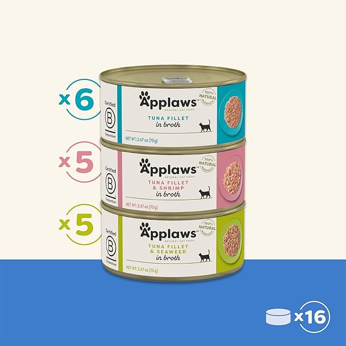 Applaws Natural Wet Canned Cat Food, Made with Limited and Natural Ingredients, Real Protein with No Artificial Additives, Fish Selection Variety Pack in Broth (16 x 2.47oz Cans)