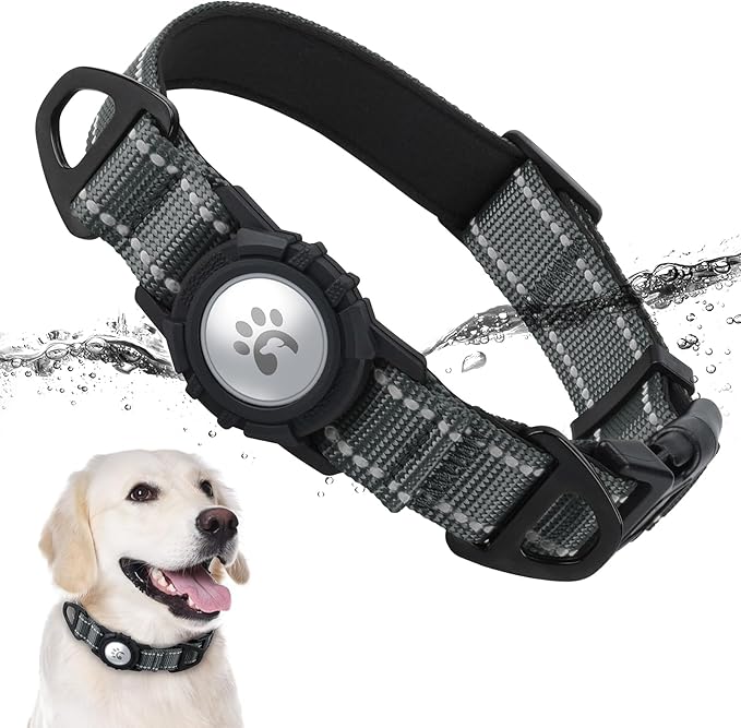 TagME Airtag Dog Collar,Waterproof Reflective Pet Collar with Airtag Holder,Soft Padded and Double D-Rings for Large Dogs,Grey