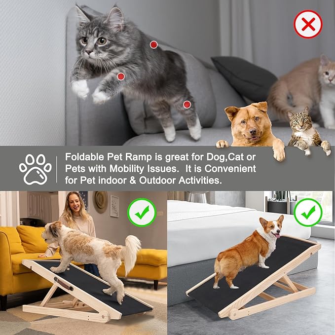 ABORON Antislip Dog Ramp, Adjustable Folding Pet Ramp for Small & Large Old Dogs & Cats, High Traction Portable Rubber Paw Ramps, Supports up to 200 lbs, Used for Bed Couch SUV, 39.3&