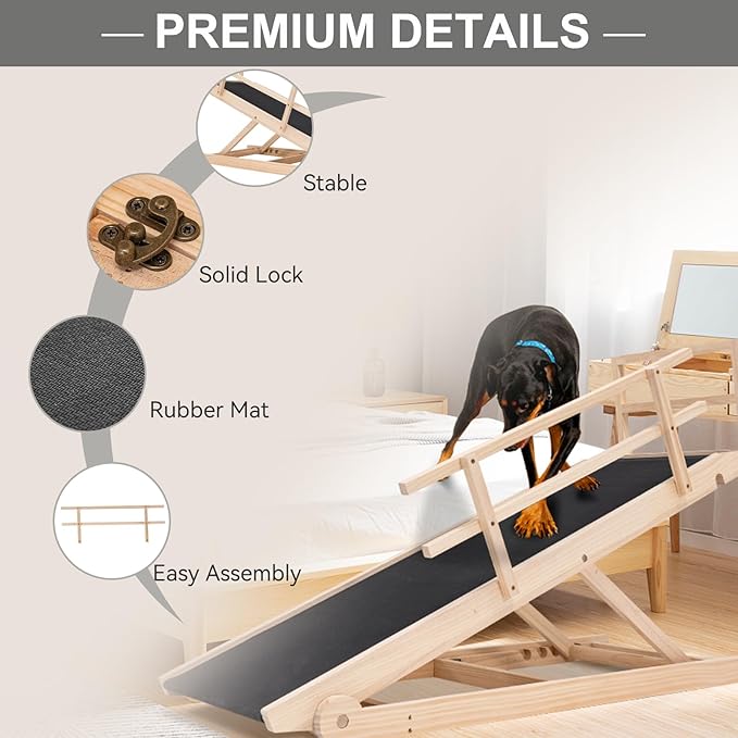 ABORON Folding Wooden Extra Long Dog Ramp, Non-Slip Rubber Mat, 63" Long for High Bed/Couch/Car, 5 Levels Adjustable Pet Ramp, 17.7&