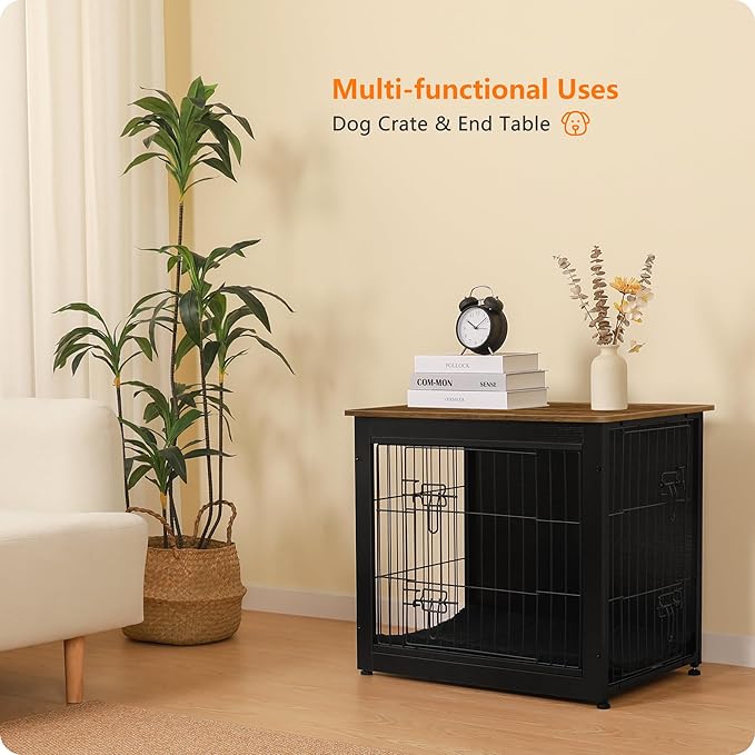 DWANTON Dog Crate Furniture with Cushion, Wooden Kennel Table with Double Doors, Indoor Dog House, Small/Medium/Large Size, 27.2" L, Black+Warm Brown