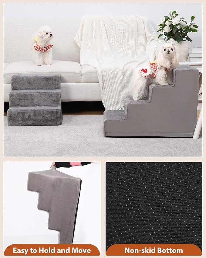 Dog Stairs for Small Dogs,13" 3-Step Pet Stairs for Couches,Dog Steps with Non-Slip Bottom and Removable Cover Indoor Outdoor,Grey