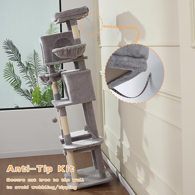 70-Inch Cat Tree,Large Cat Tree Tower with Hammock, Scratching Post, Condo and Multi-Level Cat Tower for Large Cats, Cat Activity Center Playhouse, Light Gray LCT016