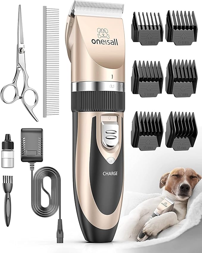 oneisall Dog Clipper Low Noise, Dog Grooming Kit with Rechargeable, Dog Shaver Cordless Electric Quiet Hair Clipper Set for Dog Cats Pets(Gold)