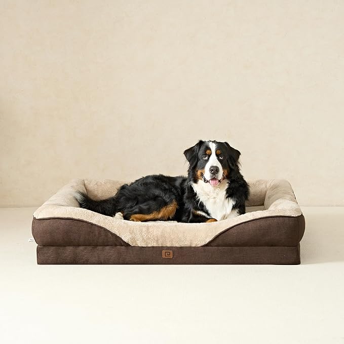 EHEYCIGA Memory Foam Dog Bed for Large Sized, Orthopedic Dog Sofa with Sides and Waterproof Liner, Washable Bolster Pet Bed Couch with Removable Cover, 36x27x7 Inch, Brown