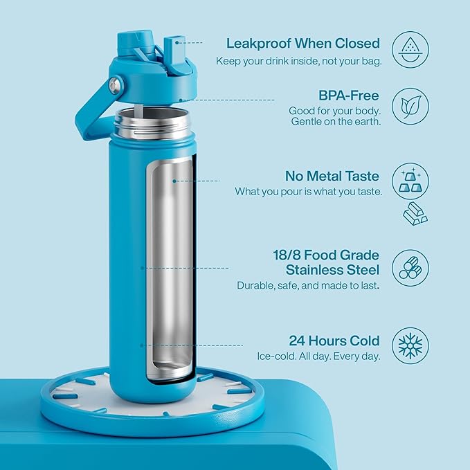 Insulated Water Bottle with Straw - Encool Stainless Steel Water Bottle, Leak-Proof, BPA-Free, Double Wall Vacuum Keeps Cold for 24 Hours for Sports, Travel, School (26 oz, Azure Blue)