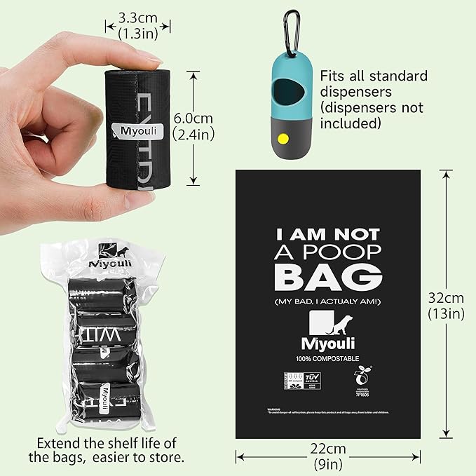 Certified Compostable Poop Bags for Dogs, 240 Poop Bags (16 Rolls),Landfill Friendly, Leak Proof Unscented Easy Open Poop Waste Bag(Black)