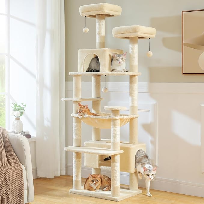 PAWZ Road Large Cat Tree, 72 Inches Cat Tower for Large Cats, Cat Condo with Sisal-Covered Scratching Posts and Pads, 2 Padded Perch, Dual Condo and Basket for Indoor Cats-Beige