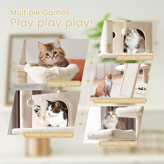 SHA CERLIN 68 Inches Multi-Level Large Cat Tree for Large Kitties/Big Cat Tower with Condo/Cozy Plush Pussycat Perches/Sisal Scratching Posts and Hammocks/Activity Center/Beige