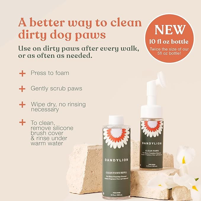 Dandylion Clean Paws Value Set – No‑Rinse Foaming Paw Cleaner with Built‑in Brush + 10 fl oz Refill