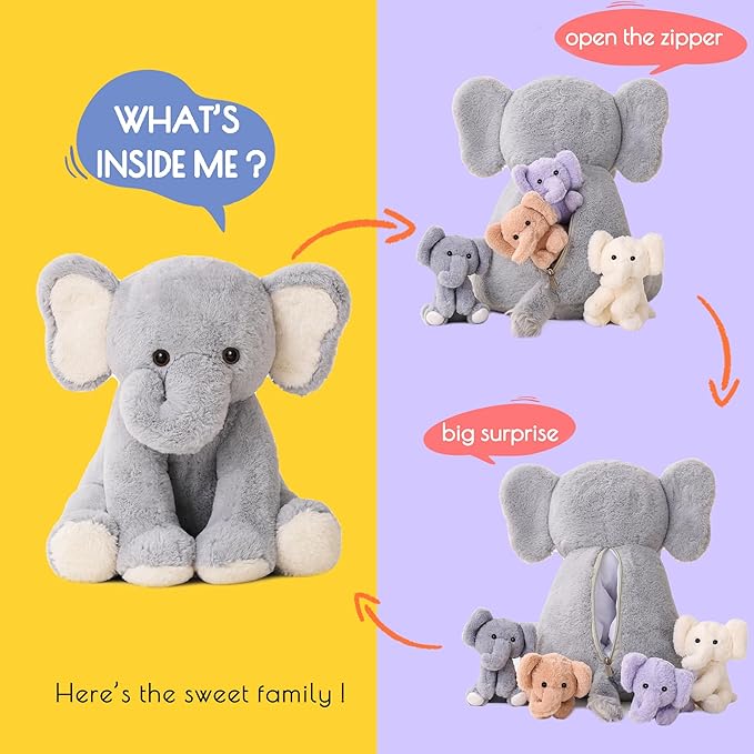 5 Pieces Elephant Stuffed Animals for Girls, 1 Mommy Elephant with 4 Babies Soft Plush Set Toys Gifts for Kids Children 3 4 5 6 7 8 9 Years, Christmas, Birthday, Children&