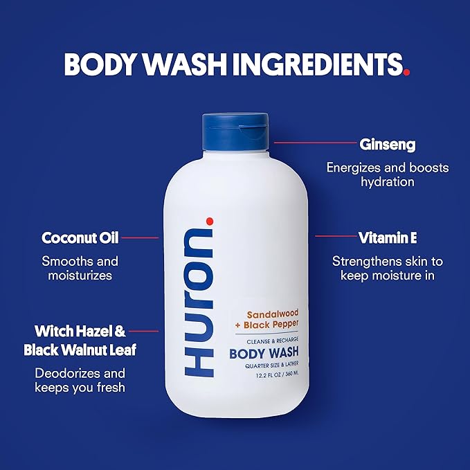 Huron Shower Kit - Shampoo, Conditioner, & Body Wash For Men - Sandalwood + Black Pepper Scent - Hydrating & Nourishing Men&